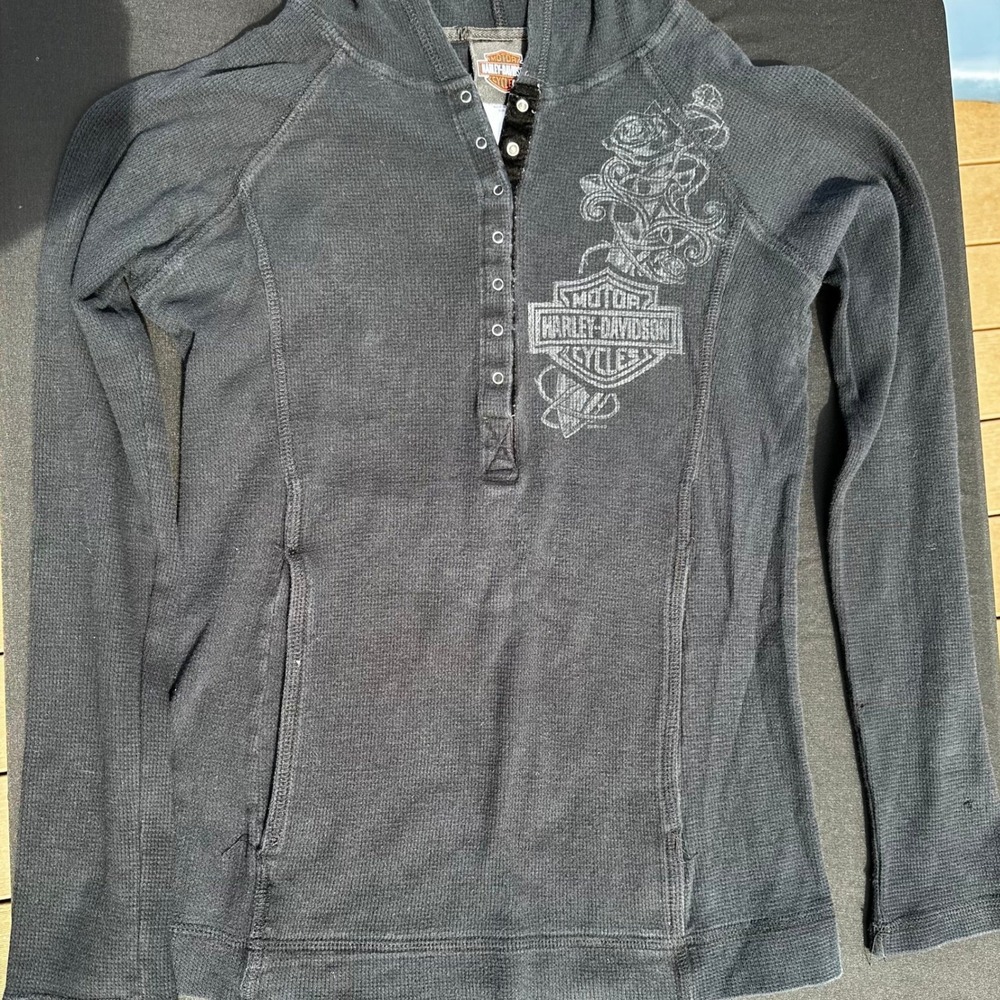Harley-Davidson Womens Waffle Knit Henley Hoodie Charcoal Gray Faribault MN XL